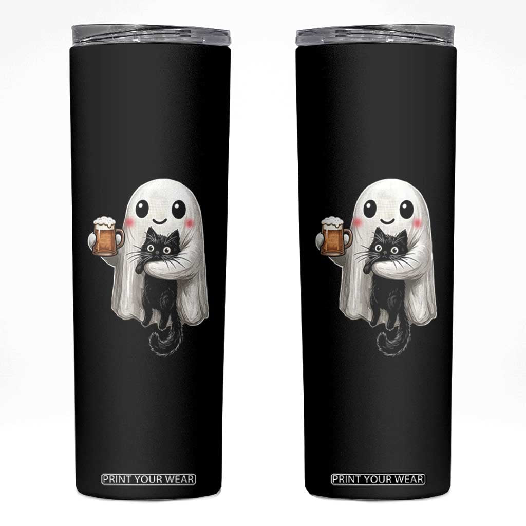 Funny Halloween Skinny Tumbler Cute Ghost Holding Black Cat Drinking Beer TS12 Black Print Your Wear