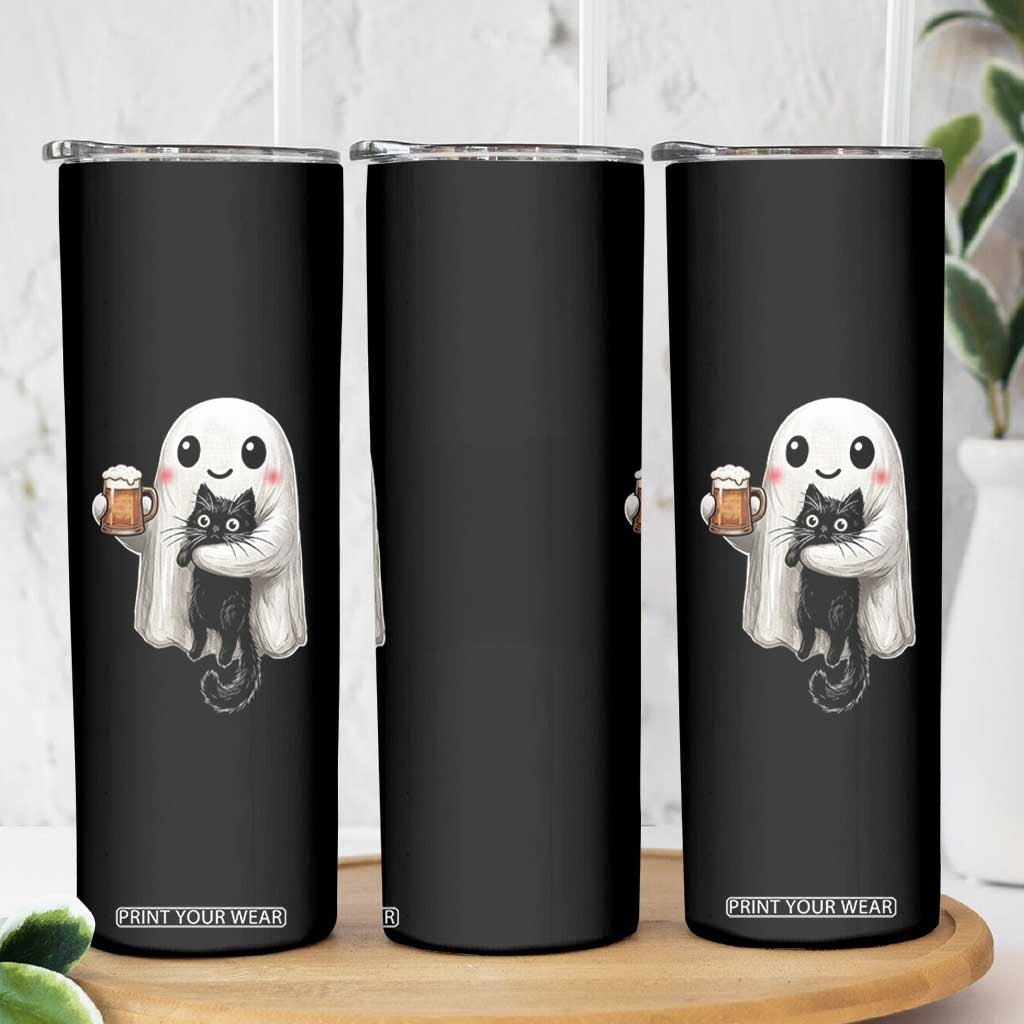 Funny Halloween Skinny Tumbler Cute Ghost Holding Black Cat Drinking Beer