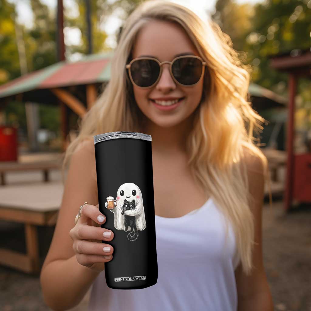 Funny Halloween Skinny Tumbler Cute Ghost Holding Black Cat Drinking Beer