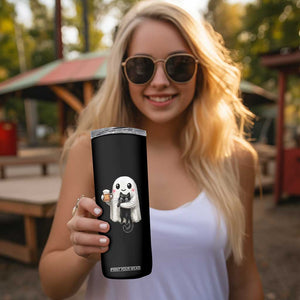 Funny Halloween Skinny Tumbler Cute Ghost Holding Black Cat Drinking Beer
