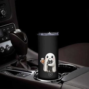 Funny Halloween Skinny Tumbler Cute Ghost Holding Black Cat Drinking Beer