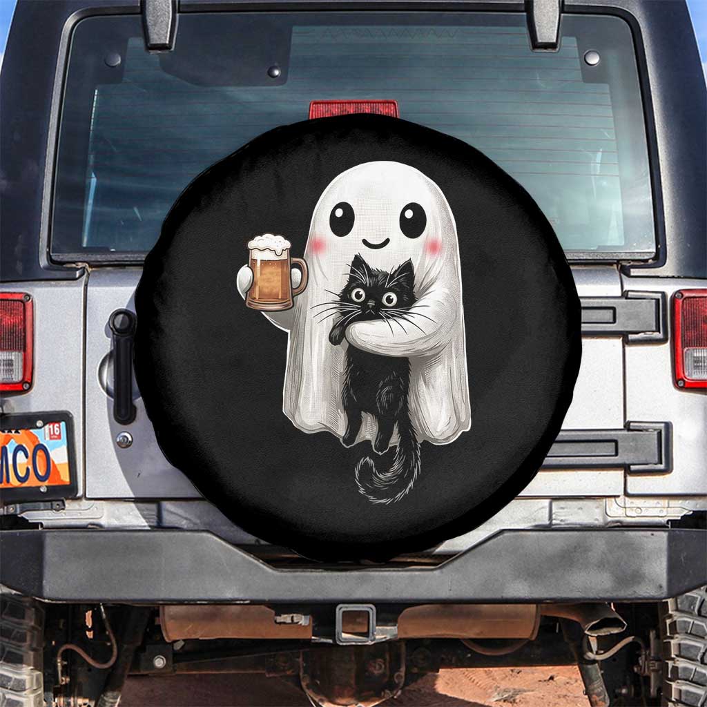 Funny Halloween Spare Tire Cover Cute Ghost Holding Black Cat Drinking Beer TS12 No hole Black Print Your Wear