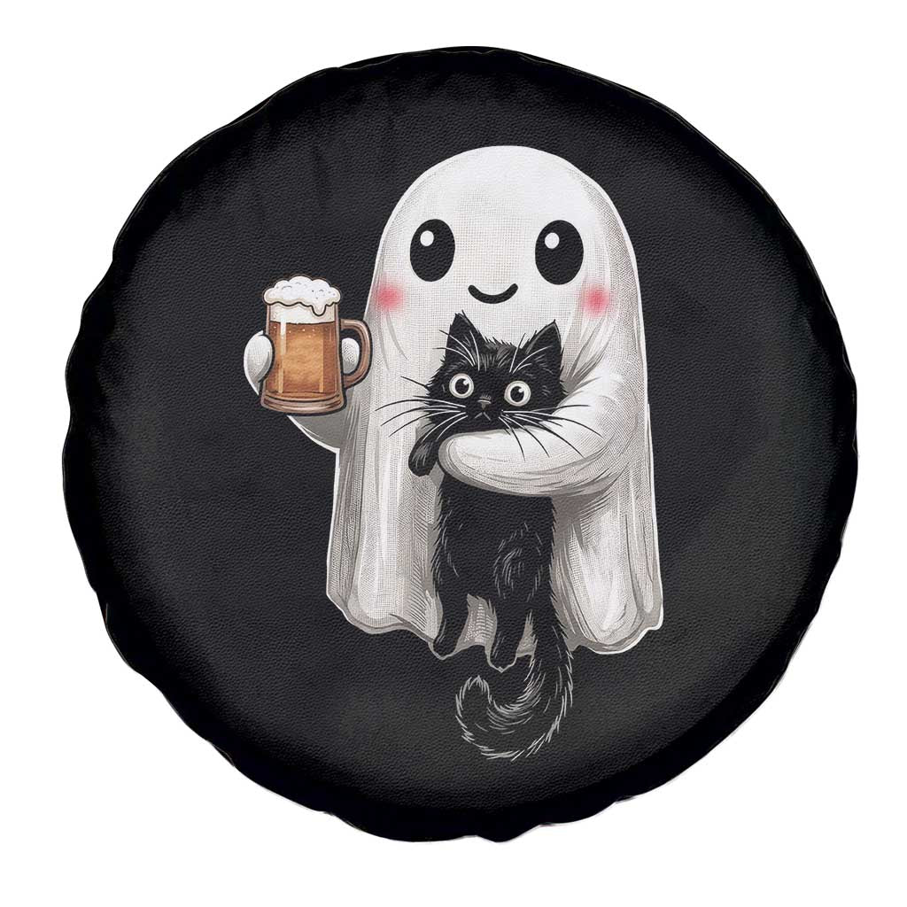 Funny Halloween Spare Tire Cover Cute Ghost Holding Black Cat Drinking Beer