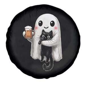 Funny Halloween Spare Tire Cover Cute Ghost Holding Black Cat Drinking Beer
