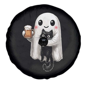 Funny Halloween Spare Tire Cover Cute Ghost Holding Black Cat Drinking Beer