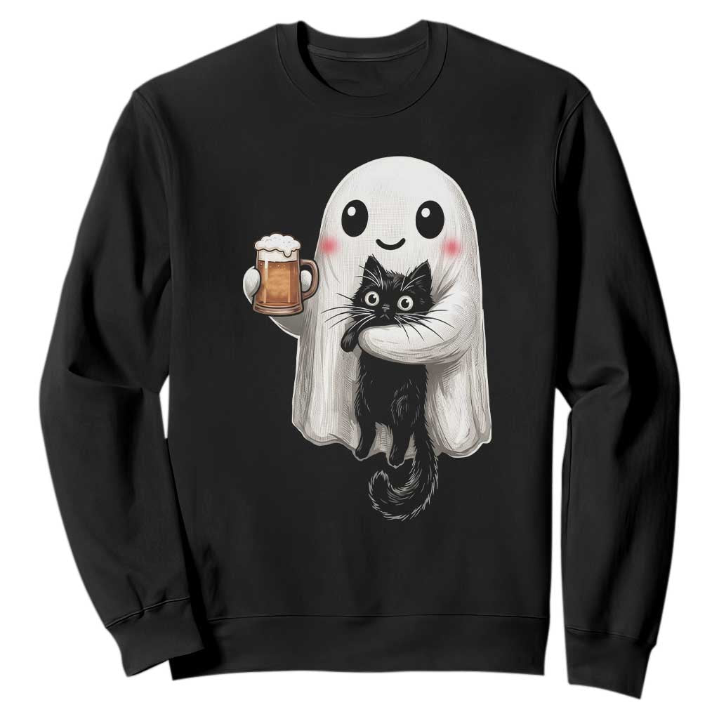 Funny Halloween Sweatshirt Cute Ghost Holding Black Cat Drinking Beer TS12 Black Print Your Wear