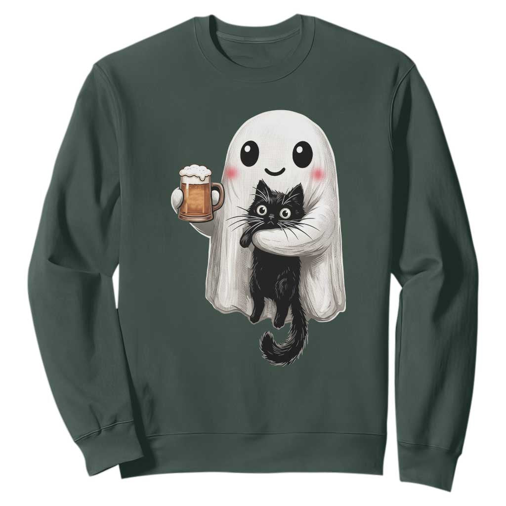 Funny Halloween Sweatshirt Cute Ghost Holding Black Cat Drinking Beer
