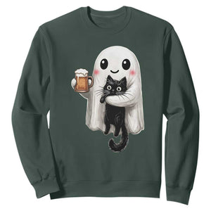 Funny Halloween Sweatshirt Cute Ghost Holding Black Cat Drinking Beer