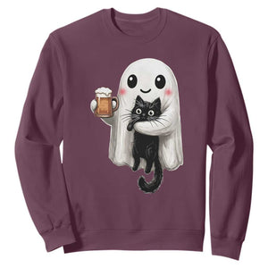 Funny Halloween Sweatshirt Cute Ghost Holding Black Cat Drinking Beer