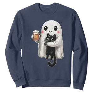 Funny Halloween Sweatshirt Cute Ghost Holding Black Cat Drinking Beer