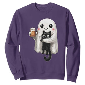 Funny Halloween Sweatshirt Cute Ghost Holding Black Cat Drinking Beer