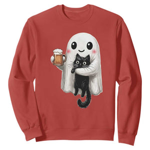 Funny Halloween Sweatshirt Cute Ghost Holding Black Cat Drinking Beer