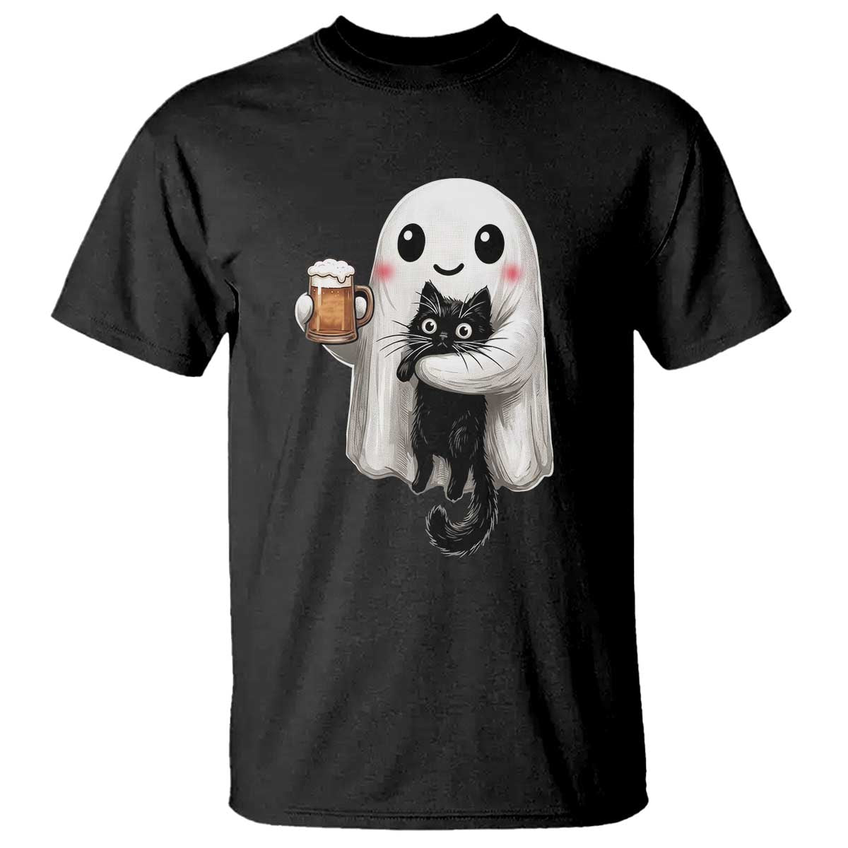 Funny Halloween T Shirt Cute Ghost Holding Black Cat Drinking Beer