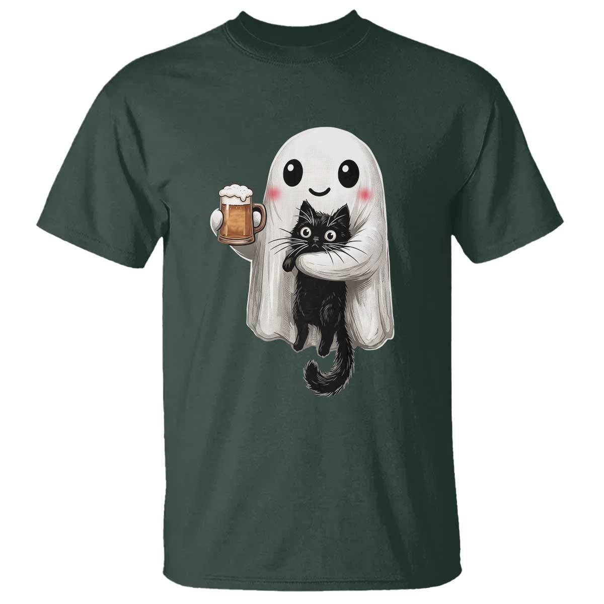 Funny Halloween T Shirt Cute Ghost Holding Black Cat Drinking Beer