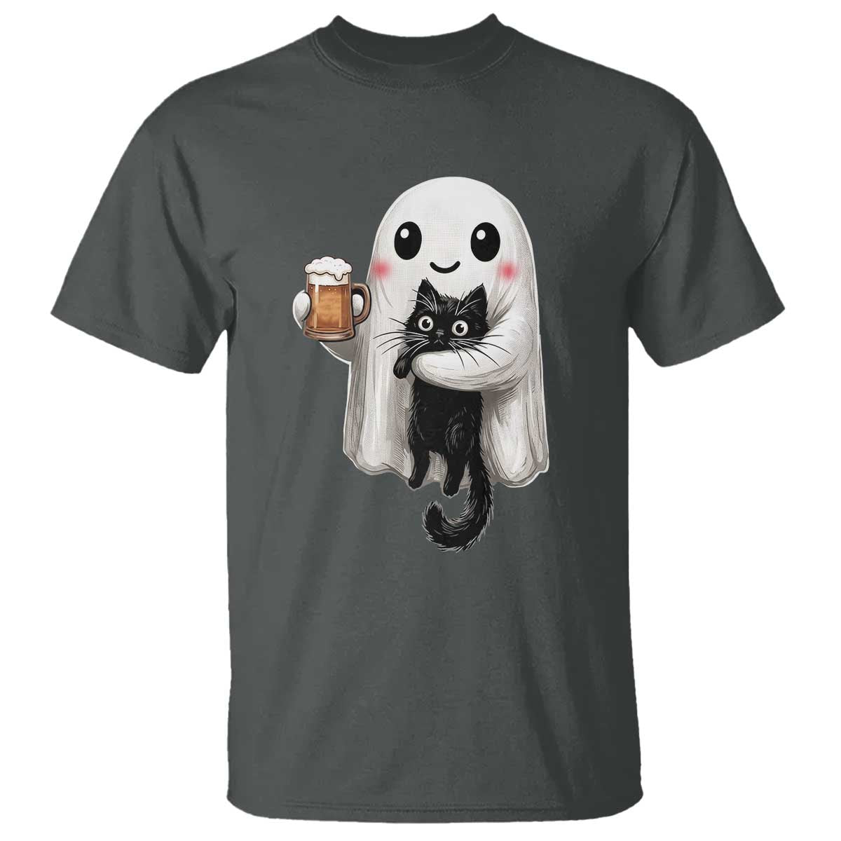 Funny Halloween T Shirt Cute Ghost Holding Black Cat Drinking Beer