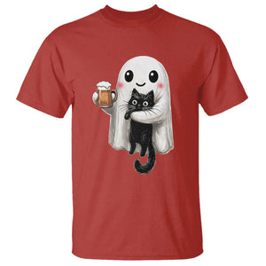 Funny Halloween T Shirt Cute Ghost Holding Black Cat Drinking Beer