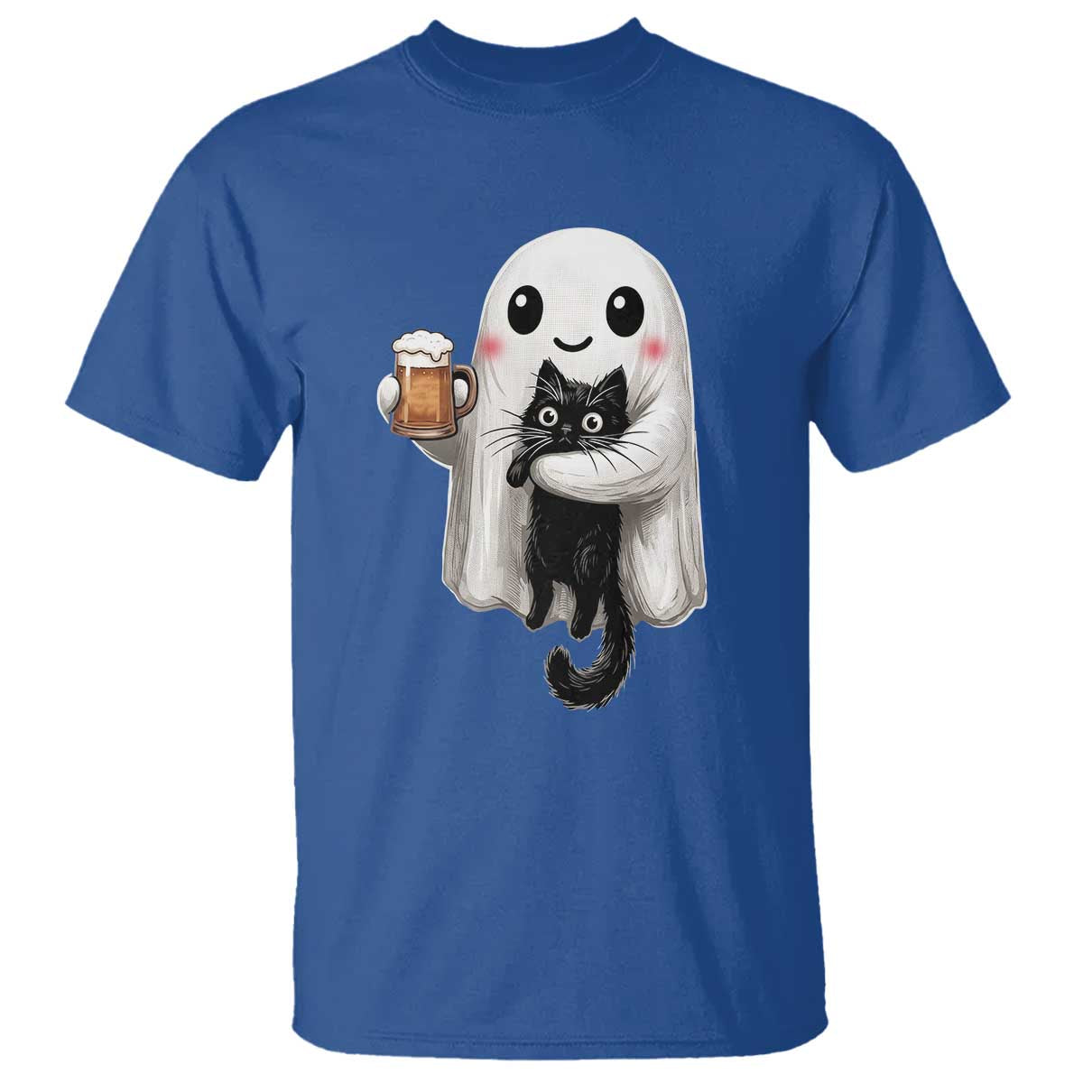 Funny Halloween T Shirt Cute Ghost Holding Black Cat Drinking Beer