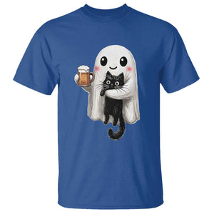 Funny Halloween T Shirt Cute Ghost Holding Black Cat Drinking Beer
