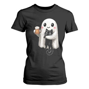 Funny Halloween T Shirt For Women Cute Ghost Holding Black Cat Drinking Beer