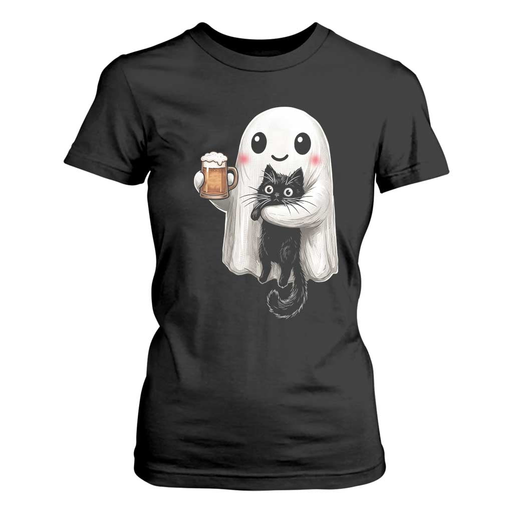 Funny Halloween T Shirt For Women Cute Ghost Holding Black Cat Drinking Beer