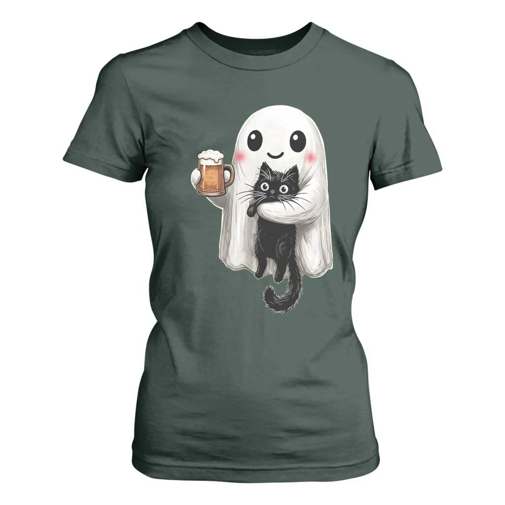 Funny Halloween T Shirt For Women Cute Ghost Holding Black Cat Drinking Beer