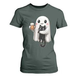 Funny Halloween T Shirt For Women Cute Ghost Holding Black Cat Drinking Beer