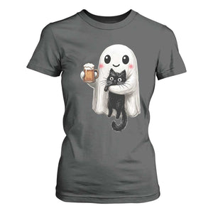 Funny Halloween T Shirt For Women Cute Ghost Holding Black Cat Drinking Beer