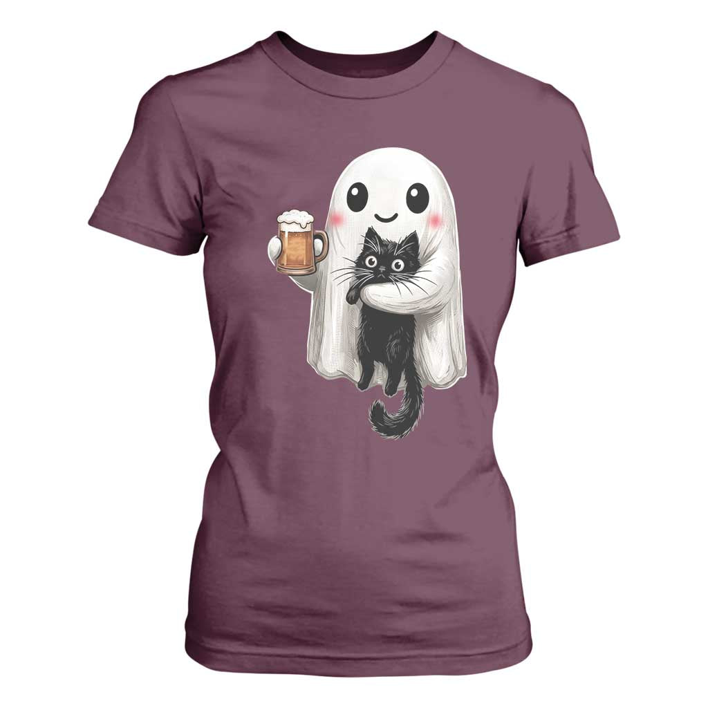 Funny Halloween T Shirt For Women Cute Ghost Holding Black Cat Drinking Beer