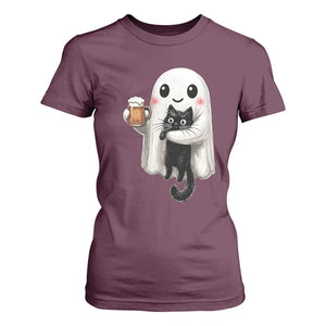 Funny Halloween T Shirt For Women Cute Ghost Holding Black Cat Drinking Beer