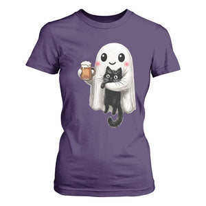 Funny Halloween T Shirt For Women Cute Ghost Holding Black Cat Drinking Beer