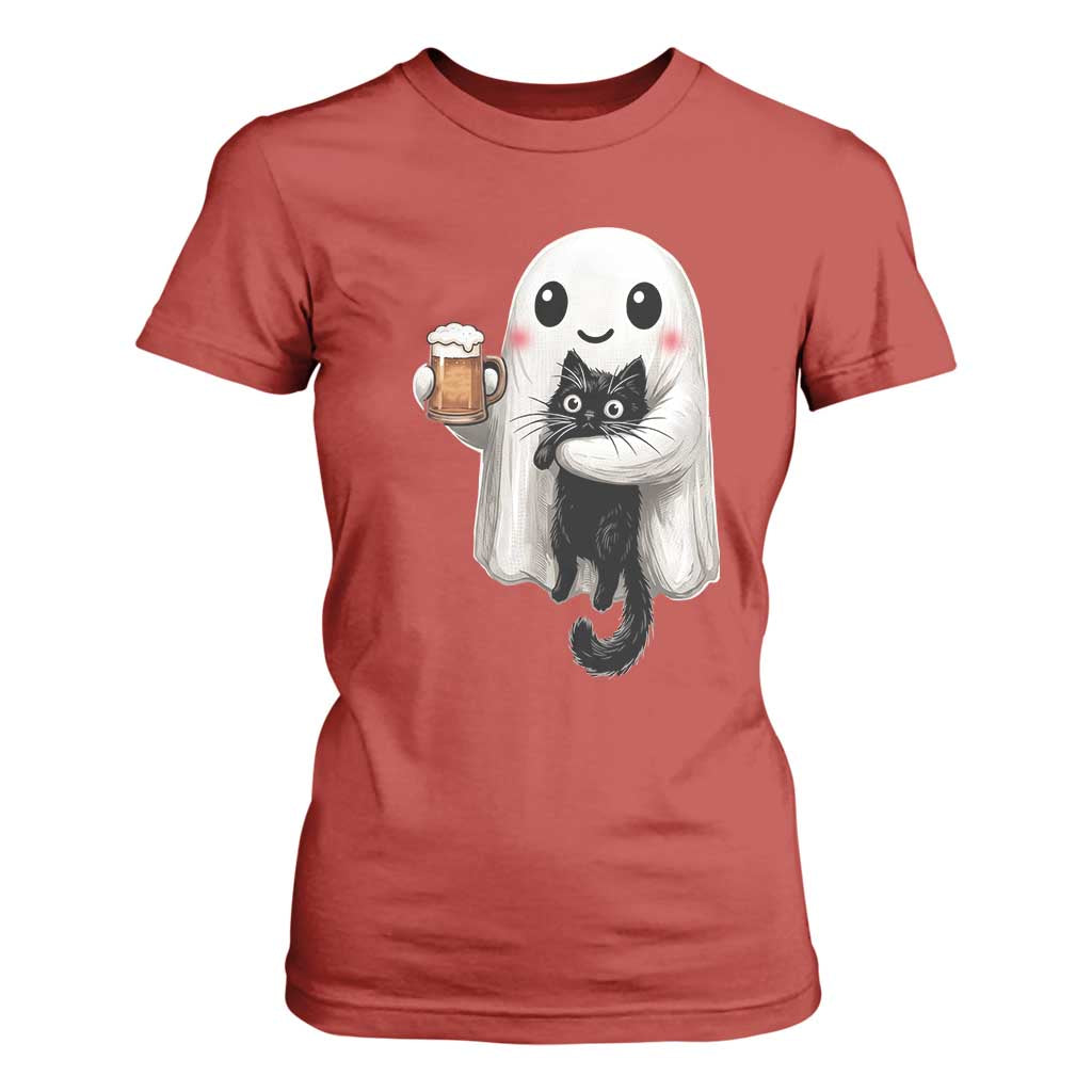 Funny Halloween T Shirt For Women Cute Ghost Holding Black Cat Drinking Beer