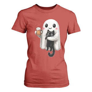 Funny Halloween T Shirt For Women Cute Ghost Holding Black Cat Drinking Beer