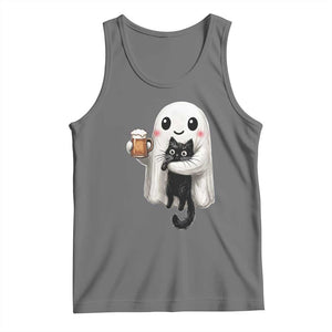 Funny Halloween Tank Top Cute Ghost Holding Black Cat Drinking Beer