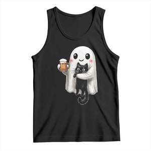 Funny Halloween Tank Top Cute Ghost Holding Black Cat Drinking Beer
