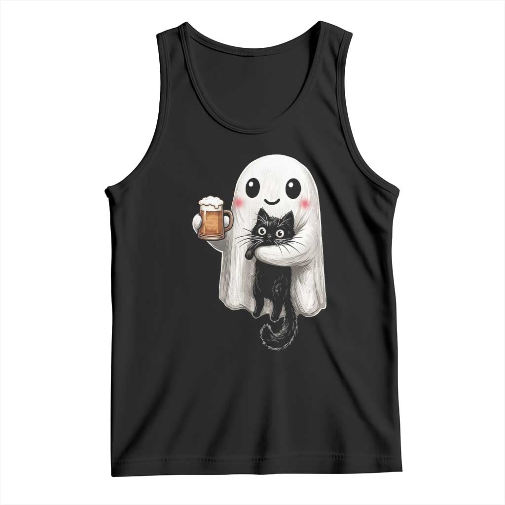Funny Halloween Tank Top Cute Ghost Holding Black Cat Drinking Beer TS12 Black Print Your Wear