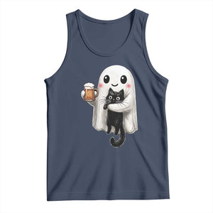 Funny Halloween Tank Top Cute Ghost Holding Black Cat Drinking Beer