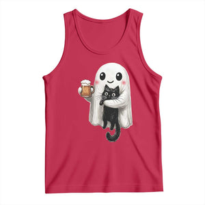 Funny Halloween Tank Top Cute Ghost Holding Black Cat Drinking Beer