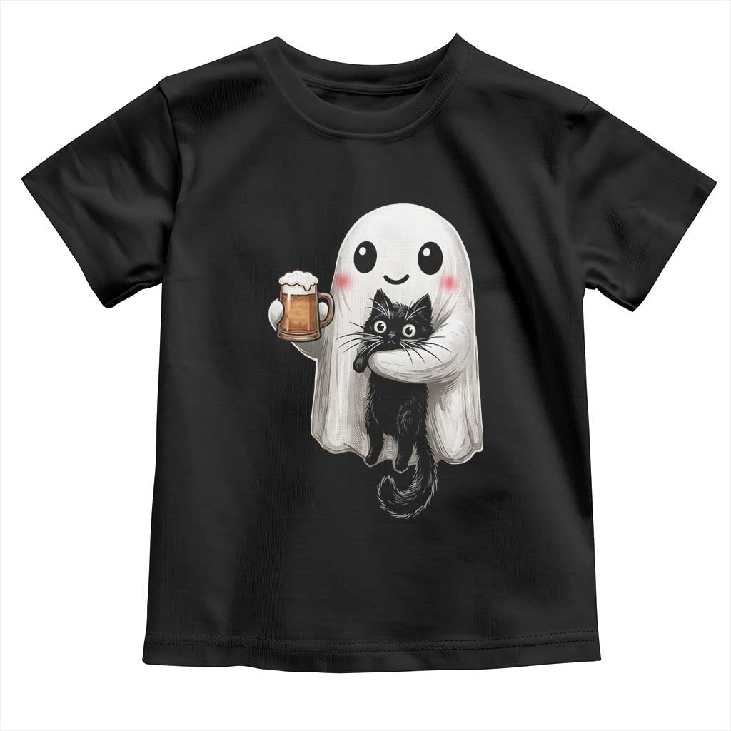 Funny Halloween Toddler T Shirt Cute Ghost Holding Black Cat Drinking Beer TS12 Black Print Your Wear