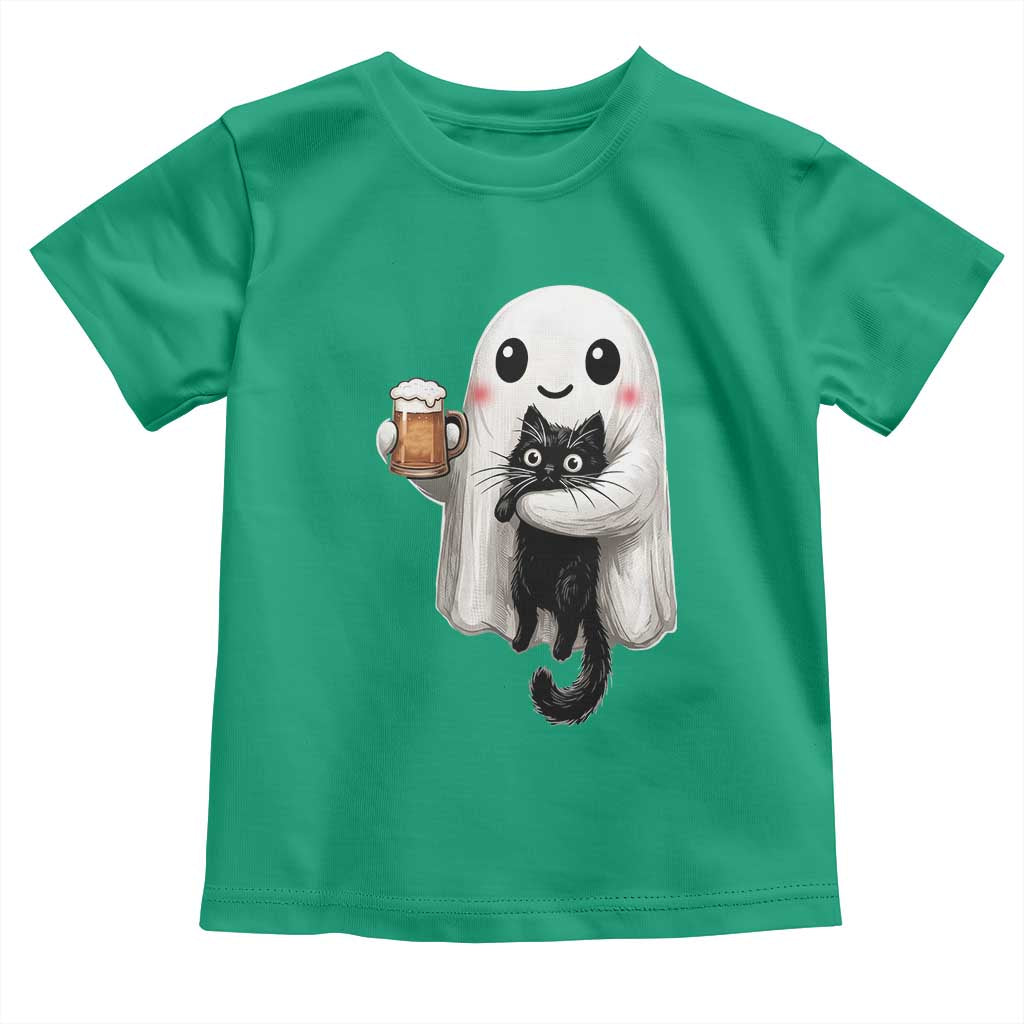 Funny Halloween Toddler T Shirt Cute Ghost Holding Black Cat Drinking Beer