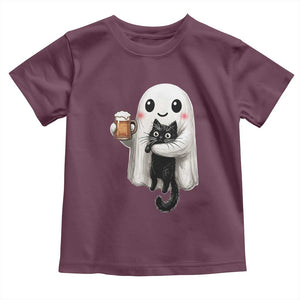 Funny Halloween Toddler T Shirt Cute Ghost Holding Black Cat Drinking Beer