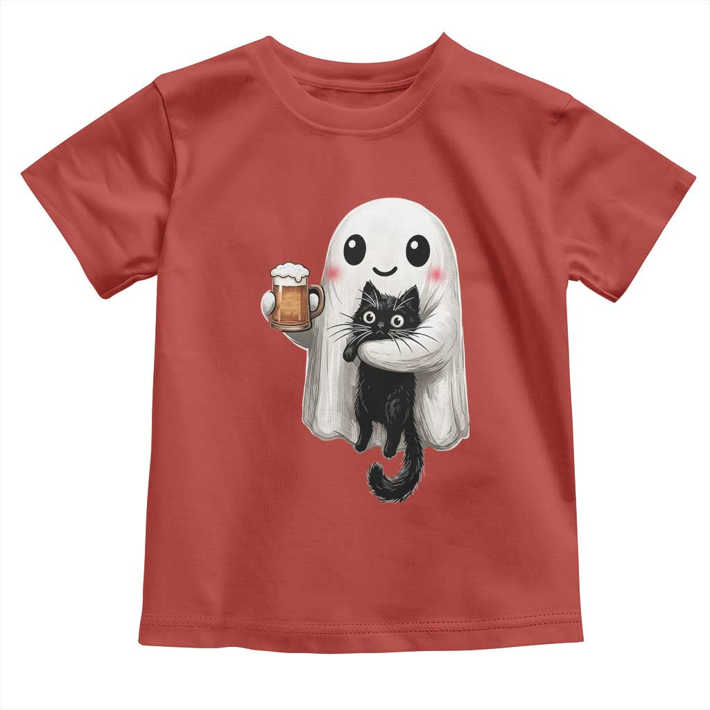 Funny Halloween Toddler T Shirt Cute Ghost Holding Black Cat Drinking Beer