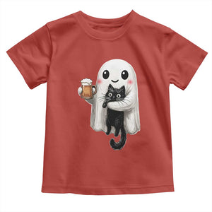 Funny Halloween Toddler T Shirt Cute Ghost Holding Black Cat Drinking Beer