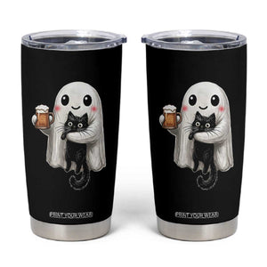Funny Halloween Tumbler Cup Cute Ghost Holding Black Cat Drinking Beer