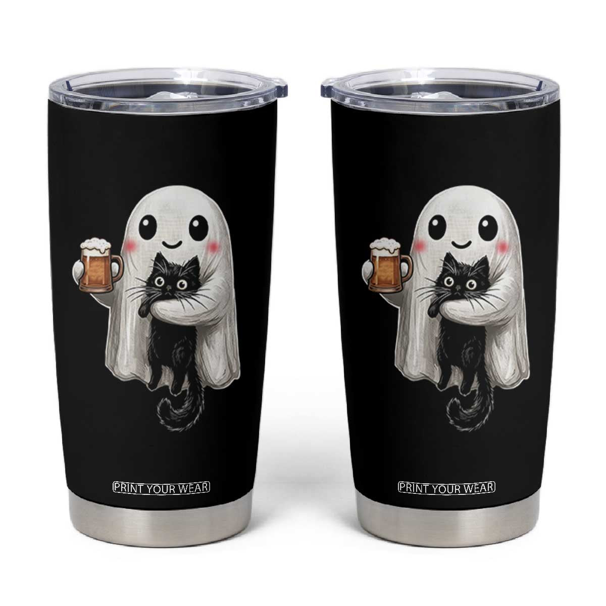 Funny Halloween Tumbler Cup Cute Ghost Holding Black Cat Drinking Beer TS12 Black Print Your Wear