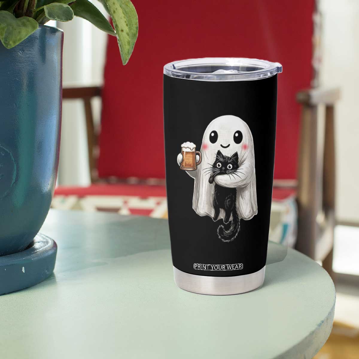 Funny Halloween Tumbler Cup Cute Ghost Holding Black Cat Drinking Beer