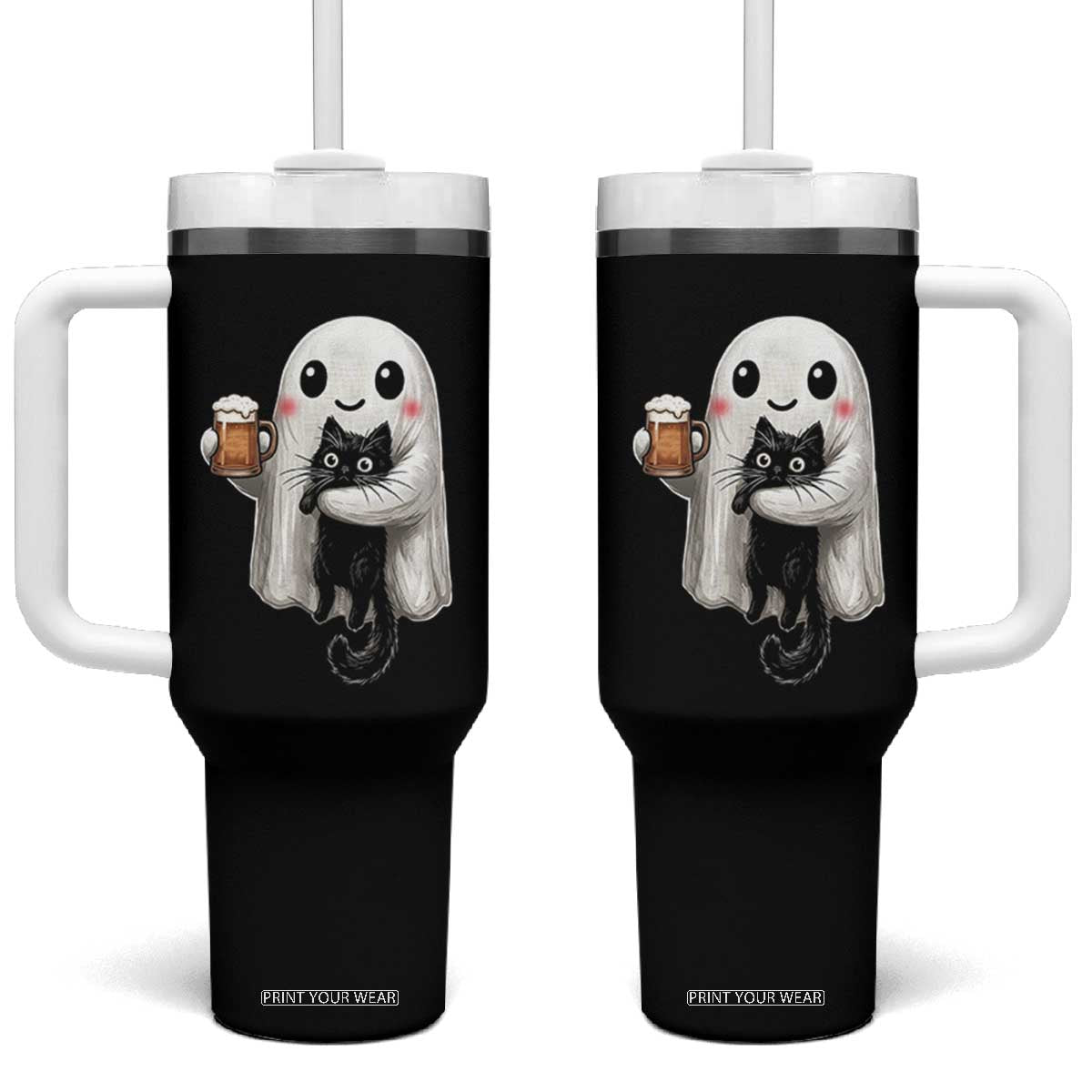 Funny Halloween Tumbler With Handle Cute Ghost Holding Black Cat Drinking Beer TS12 One Size: 40 oz Black Print Your Wear
