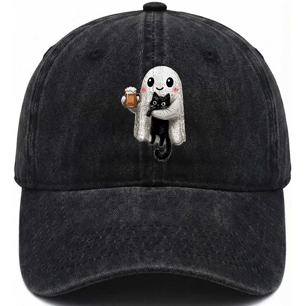 Funny Halloween Washed Cotton Baseball Cap Cute Ghost Holding Black Cat Drinking Beer TS12 Print Your Wear