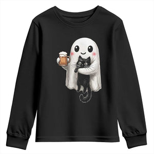 Funny Halloween Youth Sweatshirt Cute Ghost Holding Black Cat Drinking Beer