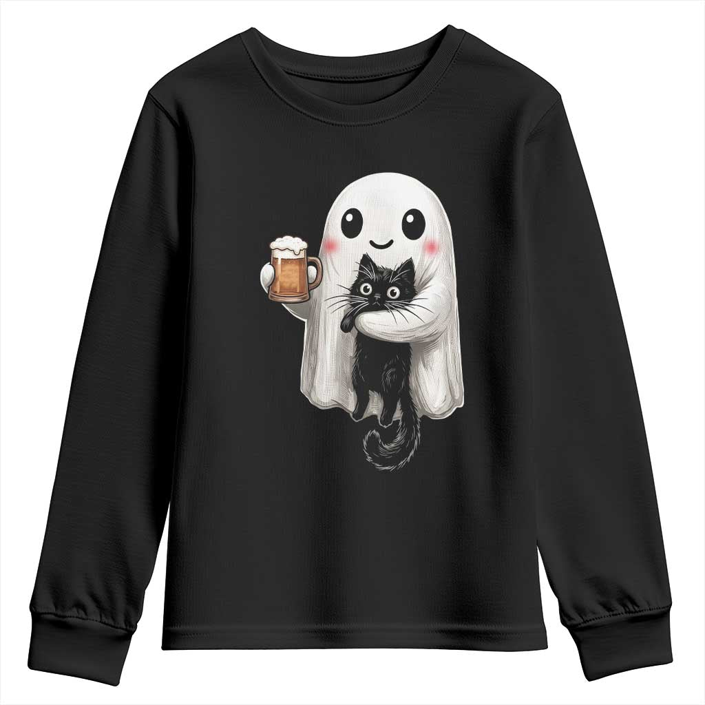 Funny Halloween Youth Sweatshirt Cute Ghost Holding Black Cat Drinking Beer TS12 Black Print Your Wear