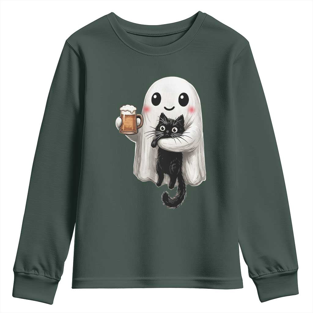 Funny Halloween Youth Sweatshirt Cute Ghost Holding Black Cat Drinking Beer